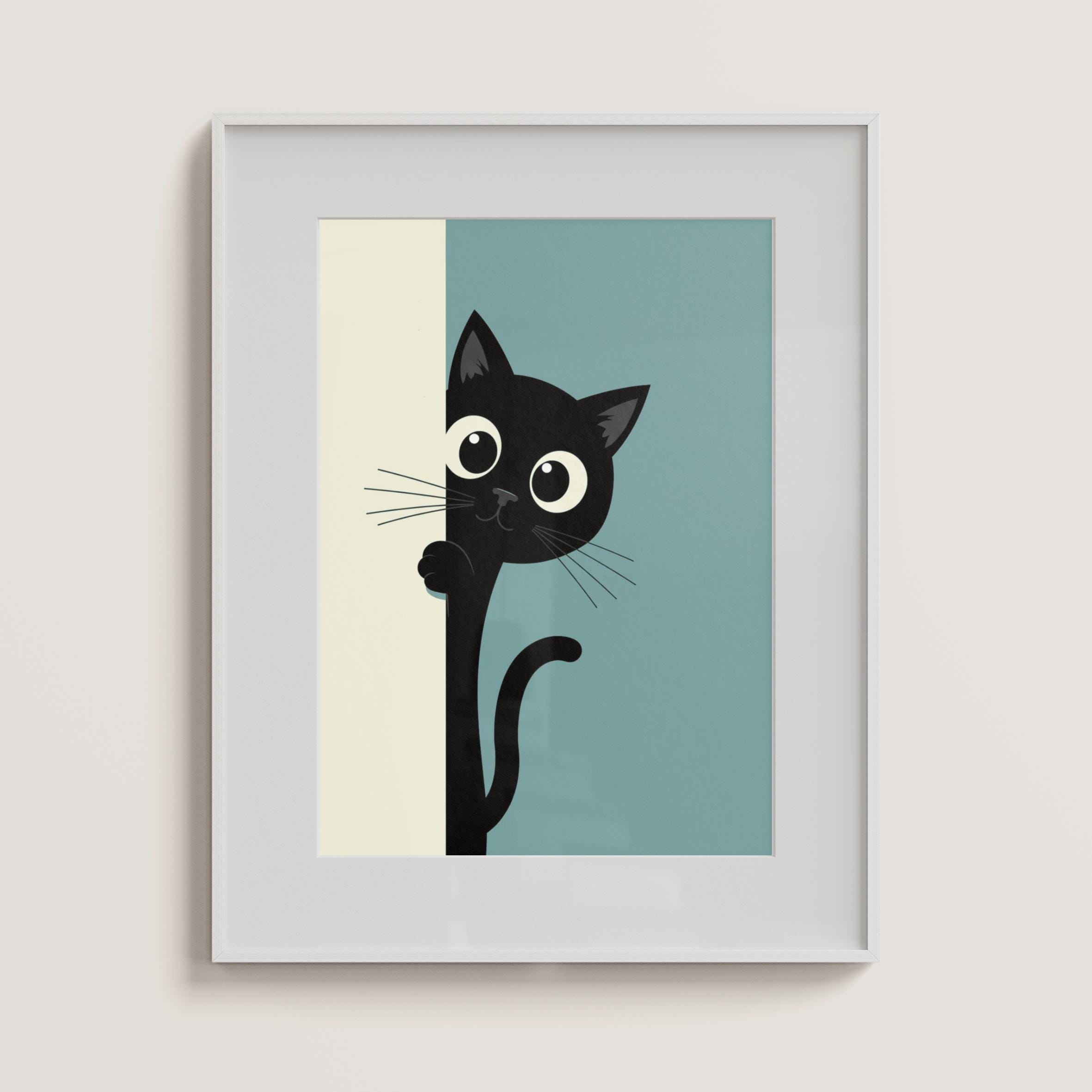 peeking black cat poster, cute cat print, home decor,... Cat Poster I Print, Black Cat Looking Around the Corner, Curious Cat ...