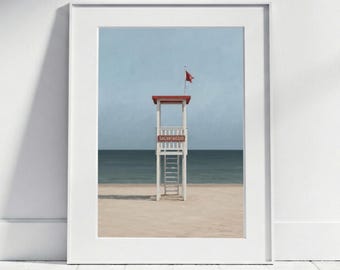 Minimalist Italian beach poster, seaside lifeguard tower art print, retro summer coastal wall art for living room and bathroom decor