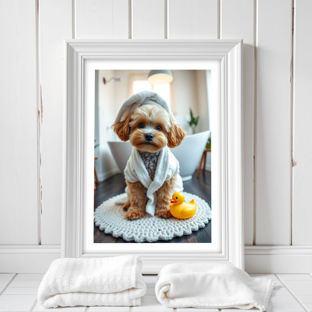 Poodle Poster I Dog With Towel in the Bathroom, Printable Poster ...