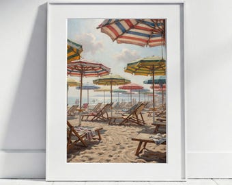 Italian Coast Beach Poster Retro Vintage Style Oil Painting Print Parasols Maritime Wall Art Riviera Beach House Impressionist Style Decor