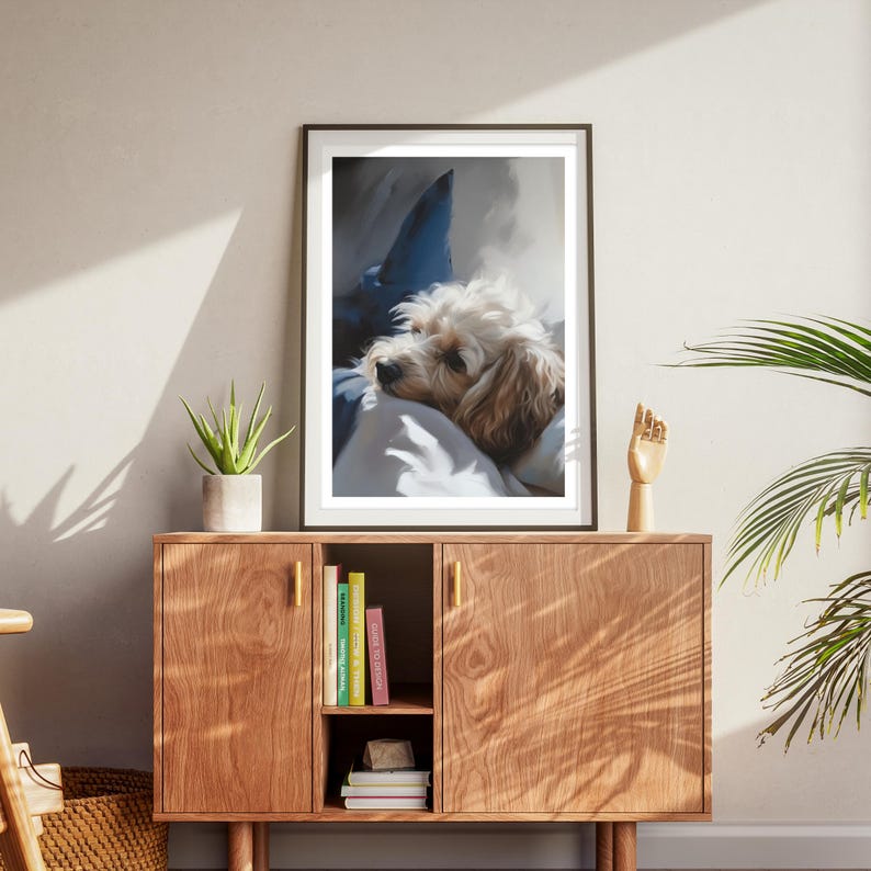 Poodle Poster I Dog With Pillow in Bed, Printable Poster, Digital Dog ...