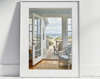 Ocean View Open Door Beach House Poster | Maritime Wall Art Hamptons Coastal Decor Oil Painting Style Art Print Living Room Bedroom Bathroom