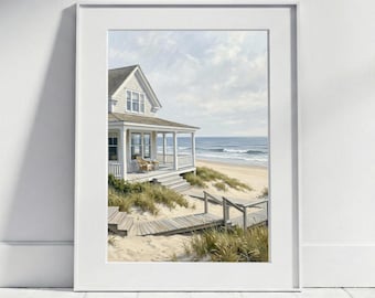 Hamptons Beach House Poster | Nautical Wall Art Coastal Decor Dunes by the Sea Oil Painting Style Living Room Bedroom Holiday Apartment