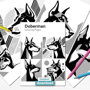 Könnte beinhalten: Schwarz-weiße Malvorlagen mit Dobermann-Hunden in verschiedenen Posen. Der Titel "Doberman Coloring Pages" befindet sich oben auf der Seite. Der Text "Sofort-Download" befindet sich unten auf der Seite.