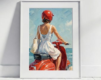 Woman on Vespa Poster | Print, Beach Wall Art, Bathroom Art, Summer Decor, Italy, Travel, Vacation, Retro Style Decor, Swimsuit, red