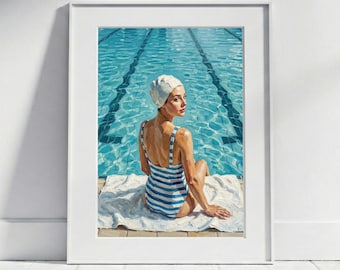 Swimmer by the Pool Art Print | Vintage Style Summer Poster, Woman Retro Bathroom Wall Art Blue, Impasto Oil Painting Pool Decor, Swimsuit