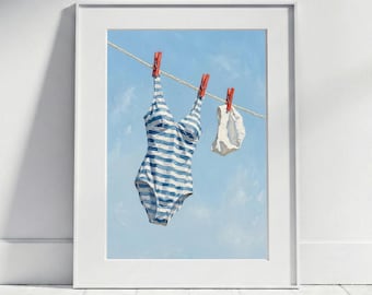 Vintage swimsuit poster blue and white striped | Nautical wall art, bathroom decor, beach house art print, retro oil painting style print
