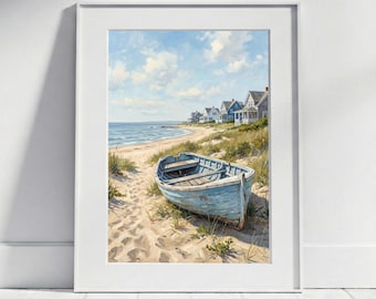 Maritime Boat Art Hamptons Coastal Poster | Beach House Bathroom Old Boat and Seaside Cottage Oil Painting Style Beach Dunes Summer House