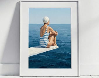 Mediterranean Wall Art Poster | Woman with Bathing Cap at the Seaside, Retro Summer Art, Beach House Decor, Blue and White, Bathroom Decor