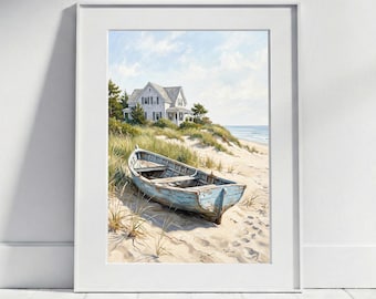 Hamptons Coastal Poster Maritime Boat Art | Beach House Bathroom Decor Old Boat and Seaside Cottage Oil Painting Style Summer Beach Dunes