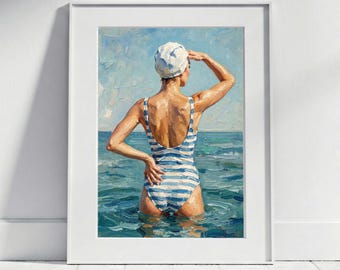 Woman with Swim Cap Art Print | Vintage-Style Swimmer Poster, Retro Summer Sea Wall Art, Maritime Beach House Picture, Bathroom Decor