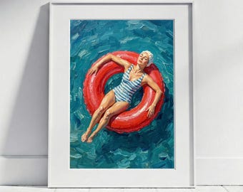 Art print of a woman in the sea on a swim ring | Retro swimsuit & swimming cap, maritime vintage style wall art for bathroom, swimmer beach