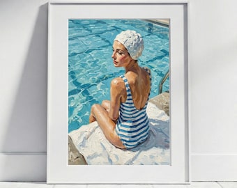 Swimmer by the Pool Vintage Style Poster | Retro Swimsuit Bathing Cap Art Print, Summer Oil Painting Bathroom Wall Art, Maritime Beach House