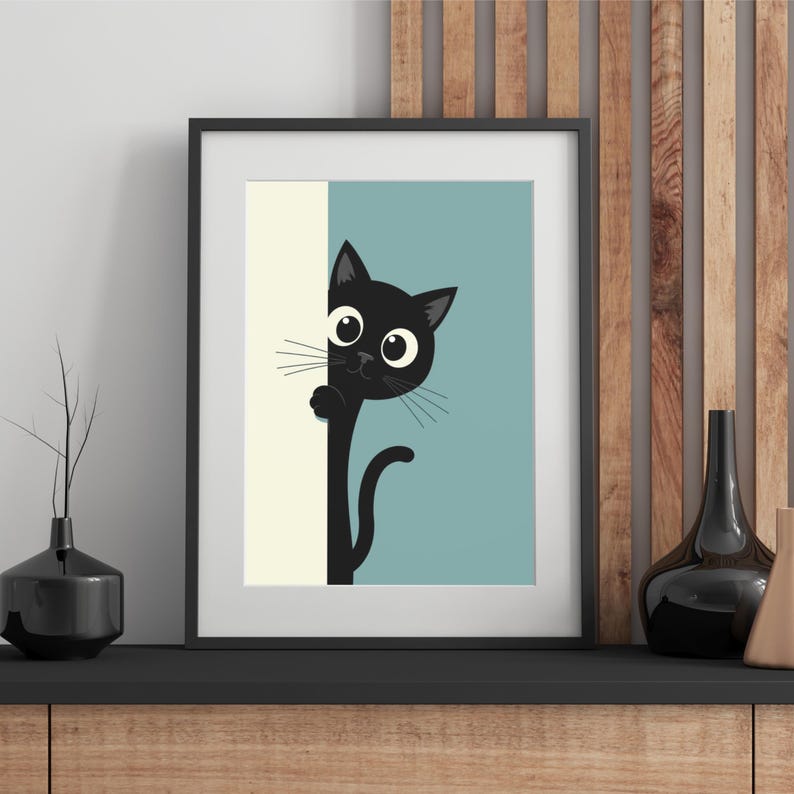 peeking black cat poster, cute cat print, home decor,... Cat Poster I Print, Black Cat Looking Around the Corner, Curious Cat ...
