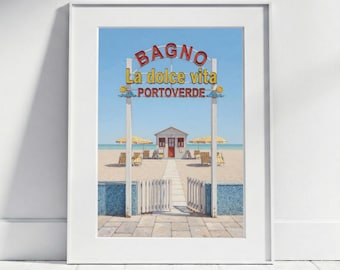 Italy Beach Poster Retro, La Dolce Vita Wall Art, Minimalist Bathroom Decor, Summer Coast Sea Vintage Style Art Print, Beach House Deco