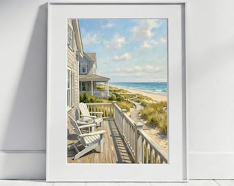 Maritimel wall art Hamptons coast poster | Beach house bathroom decor terrace by the sea oil painting style summer house beach dunes