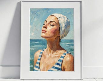 Art print of a woman wearing a bathing cap | Vintage style swimmer wall art, seaside decor, beach house decor, bathroom picture