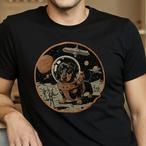 Dackel T-Shirt I Hunde Weltraum T-Shirt, Astronaut, Comic T-Shirt, Geschenk, Bedrucktes T-Shirt, Dackel Illustration, Hunde Science Fiction