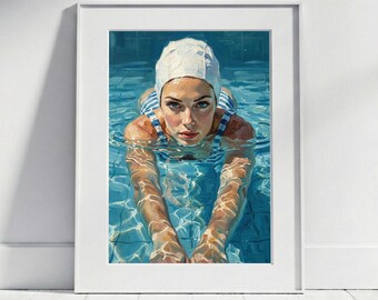 Swimmer in Pool Poster | Vintage Style Impasto Art Print, Nautical Wall Art Bathroom Decor, Woman Summer Art Painting Oil Painting Print