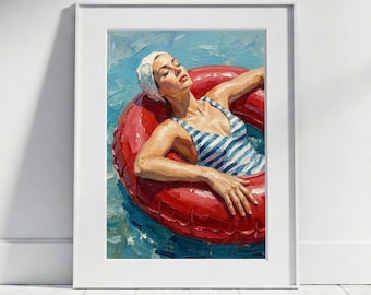 Poster Woman in the Sea | Vintage Swimsuit Bathing Cap Art Print, Nautical Bathroom Wall Art, Retro Swimmer Swimming Ring, Oil Painting Art