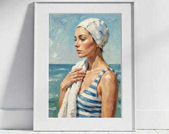 Woman by the Sea Poster | Vintage Style Swimmer Portrait Art Print Beach, Maritim Art Bathroom, Summer Bathing Cap Oil Painting Retro Decor