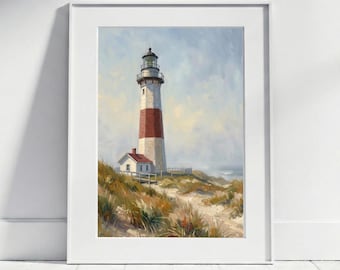 Hamptons Lighthouse Poster, Maritime Coastal Landscape, Vintage-Style Beach House Decor, Coastal Art Print, Sea and Dunes Bathroom Decor