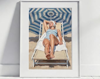 Woman in Swimsuit Beach Poster Vintage-Style Oil Painting, Retro Beach House Summer Wall Art, Blue White Nautical Art Print Bathroom Decor