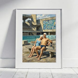 May include: A framed painting depicts a couple in swimsuits and swim caps sitting on a wooden bench by a swimming pool. The woman wears a light blue swimsuit, and the man wears dark blue swim trunks. A mosaic mural is visible in the background.