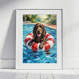 Cocker Spaniel Poster Kunstdruck | Hund im Pool mit Schwimmring Wandbild, Badezimmer Deko, Kinderzimmer Kunst, Tierportrait Ölgemälde Stil