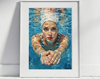 Swimmer Underwater Diving Poster | Pool Art Print, Bathroom Wall Art Blue, Retro Woman Oil Painting Style Print, Summer Beach House Decor