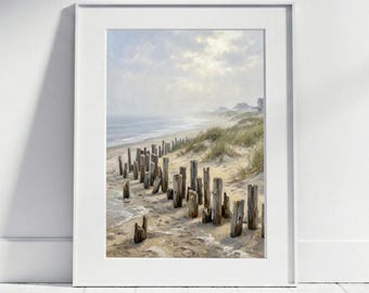 Hamptons Nautical Poster, Coastal Sea Wall Art, Beach & Dunes Art Print, Ocean Bathroom Decor, Vintage-Style Nautical Beach House Decor