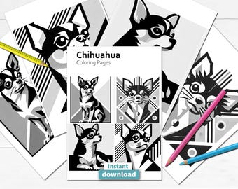 Disegni di Chihuahua da colorare da stampare, libro da colorare di cani in formato digitale da scaricare, modello da colorare per bambini e adulti