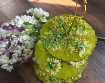 Handmade Resin Dessert Tray: Real Flowers, Sparkly Glitter - One-of-a-Kind