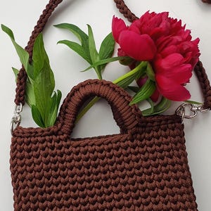 Crocheted Shoulder Bag: Brown Polyester Cord