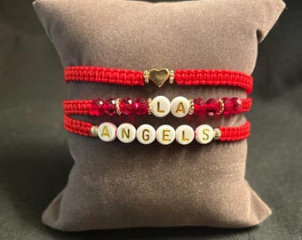 Handmade LA Angels Bracelet Set – Red Macrame & Beaded Stackable Bracelets
