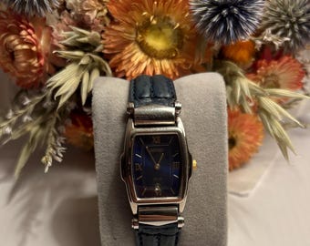 Vintage Seiko rektangulär damklocka – blå urtavla | Äkta Seiko läderarmband