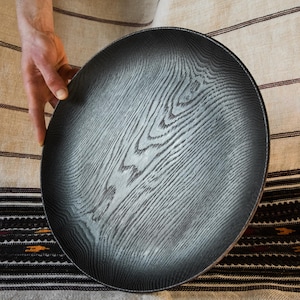 Dark yakisugi wooden plate, burnt wood plate, rustic wooden dish, handmade oak plate, black wood plate, new home gift, gift for grandmom