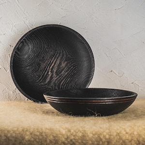 Burnt oak bowls in rustic style, wooden food bowls, salad wood bowl, dining room decor, large wooden plate, housewarming gift, kitchen gift