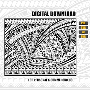 May include: Black and white digital download graphic with intricate tribal patterns. The design features geometric shapes and lines, with the text "DIGITAL DOWNLOAD" and "FOR PERSONAL & COMMERCIAL USE". Includes PDF, SVG, AI, and PNG file formats.
