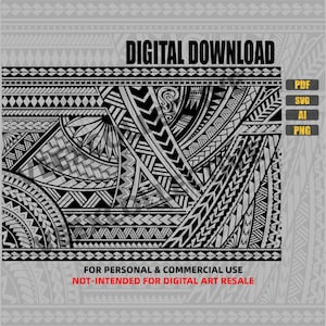 May include: Black and white digital download featuring a detailed tribal pattern. The design includes geometric shapes and lines, with the text "DIGITAL DOWNLOAD" at the top. The image also includes file type options: PDF, SVG, AI, and PNG.