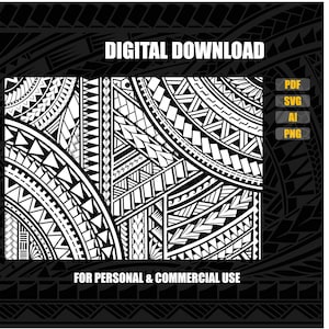 Könnte beinhalten: Schwarz-weiß digitaler Download mit einem geometrischen Stammesmuster. Das Design umfasst verschiedene Formen und Linien. Der Text "DIGITAL DOWNLOAD" steht oben und "FOR PERSONAL & COMMERCIAL USE" unten. Dateiformate: PDF, SVG, AI und PNG.