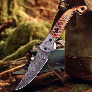 Handmade Damascus Steel Folding Knife Pocket Knife Camel Bone Handle Handcrafted Groomsman Gift Wedding Gift Anniversary Gift Birthday Gift