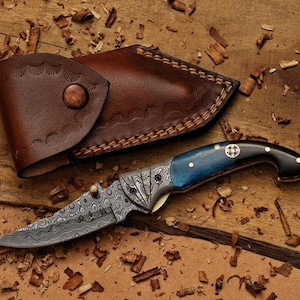 Damascus Steel Pocket Knife Camel Bone and Black Horn Handle - 7.5&#39;&#39; Folding Knife Gift for Men Husband Dad - Anniversary gifts For Him