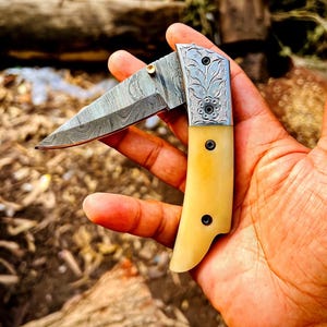 Handmade Damascus Steel Folding Knife Pocket Knife Camel Bone Handle Handcrafted Groomsman Gift Wedding Gift Anniversary Gift Birthday Gift