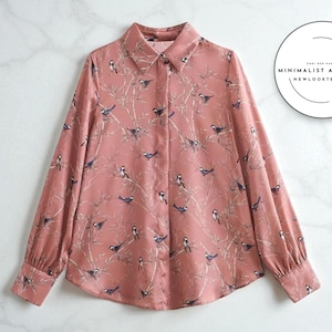 Bird Bamboo Print Satin Shirt | Long Sleeve Women’s Top | Turn Down Collar Blouse | Loose Fit Autumn Look | Elegant Soft Texture