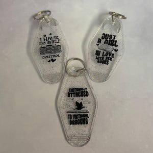 May include: Three clear, glitter-filled keychains with silver key rings. Each keychain has a different black graphic and text: "I HAVE NO SHELF CONTROL", "JUST A GIRL IN LOVE WITH HER BOOKS", and "EMOTIONALLY ATTACHED TO FICTIONAL DRAGONS".
