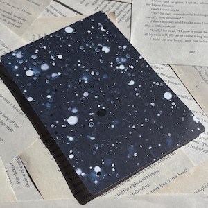 May include: A dark blue notebook with a speckled pattern of white and light blue dots. The notebook is open, revealing a blank page. The background is composed of pages from a book.