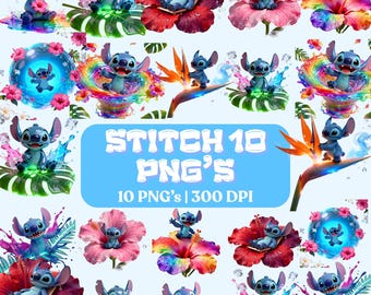 10 Stitch PNG Clipart, and Stitch, High quality 300 dpi Sublimation Design, Wall art print, shirt design, Digital Instant Download
