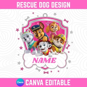 Op de afbeelding: Een roze en wit grafisch ontwerp met cartoonhonden van Rescue Dog Design. Het ontwerp bevat de tekst "RESCUE DOG DESIGN", het woord "NAME" en de tekst "CANVA EDITABLE".