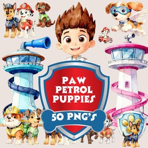 Op de afbeelding: Waterverfillustratie met de Paw Patrol-personages, waaronder Ryder en verschillende puppy's in hun uniformen. De afbeelding bevat twee vuurtorens, een schild met de tekst "PAW PATROL PUPPIES" en de tekst "50 PNG'S".